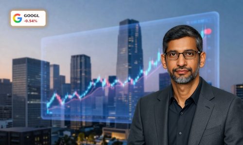 Alphabet AI Strategy visualized with volatile stock chart over tech campus, highlighting TPU edge and rising legal risk.