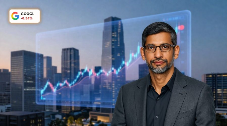 Alphabet AI Strategy visualized with volatile stock chart over tech campus, highlighting TPU edge and rising legal risk.