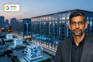 Alphabet AI Strategy highlighted by futuristic Google Cloud data center and AI infrastructure