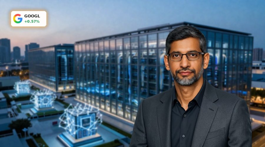 Alphabet AI Strategy highlighted by futuristic Google Cloud data center and AI infrastructure