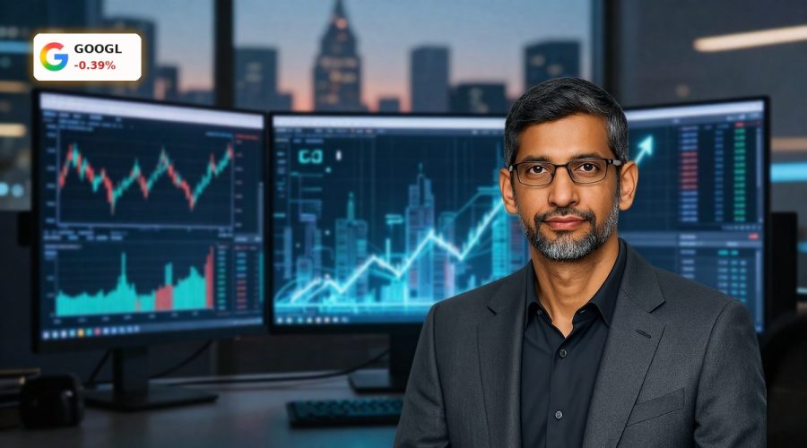 Alphabet Forecast visualized with volatile GOOGL stock chart and AI-driven market outlook.