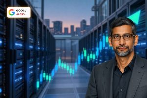 Alphabet AI Investments visualized with rising stock chart over massive AI data center infrastructure.