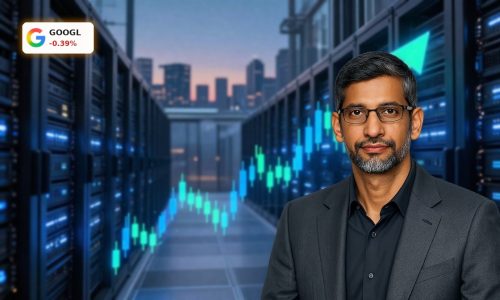 Alphabet AI Investments visualized with rising stock chart over massive AI data center infrastructure.