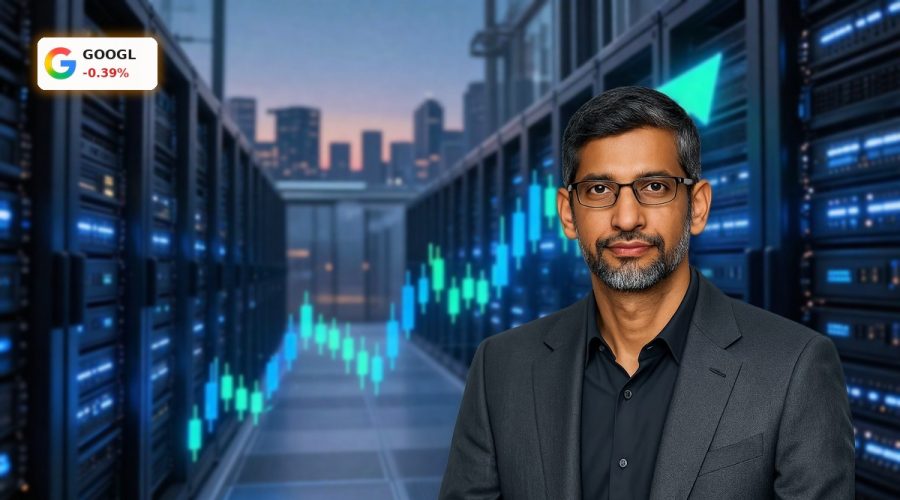 Alphabet AI Investments visualized with rising stock chart over massive AI data center infrastructure.