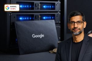 Alphabet Bond Offering visualized with yen bonds and AI data center glow