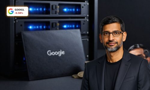 Alphabet Bond Offering visualized with yen bonds and AI data center glow