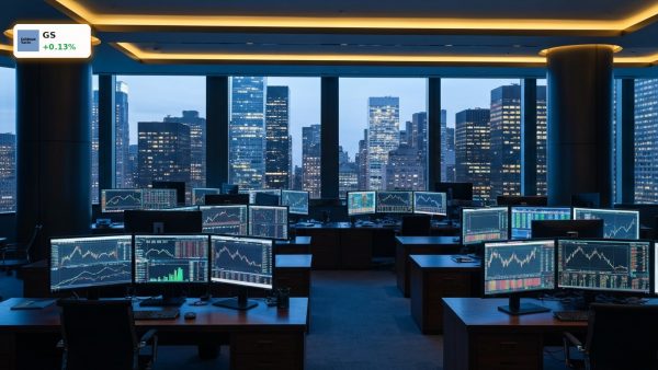 A modern investment banking trading floor overlooking New York City, symbolizing the Goldman Sachs Sale.