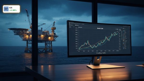 Goldman Sachs Oil Price forecast displayed on a trading monitor with an offshore oil rig in the background.