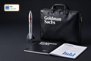 Goldman Sachs SpaceX IPO concept with premium banking materials and rocket model on dark background