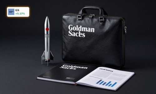Goldman Sachs SpaceX IPO concept with premium banking materials and rocket model on dark background