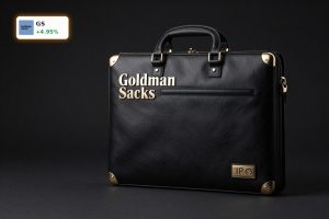 Goldman Sachs SpaceX IPO concept with premium deal book and banker briefcase on dark cinematic background