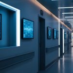 Modern hospital corridor with digital screens, illustrating the updated HCA Forecast and healthcare operations.