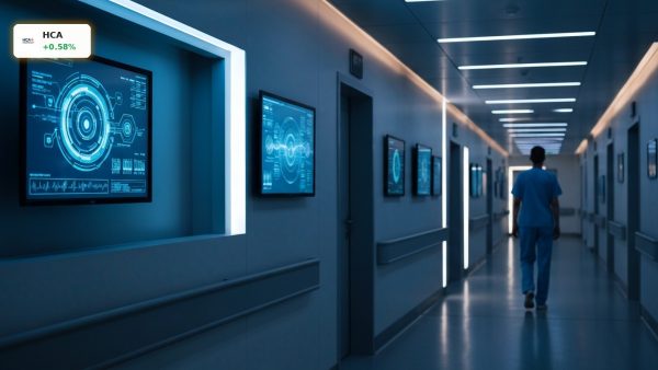 Modern hospital corridor with digital screens, illustrating the updated HCA Forecast and healthcare operations.