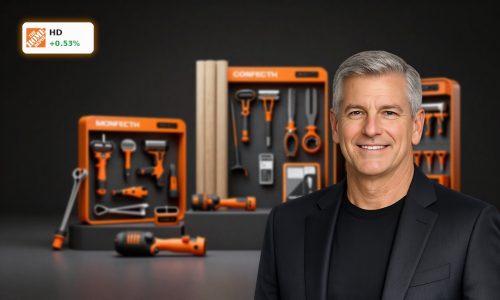 Home Depot Earnings concept with premium tools and building materials in dramatic retail product staging