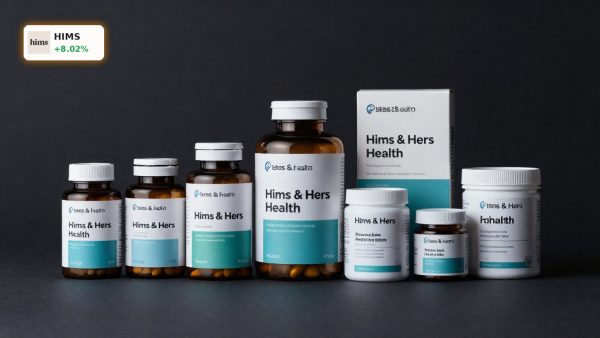 Hims & Hers Health Forecast with premium telehealth wellness products in dramatic dark product photography