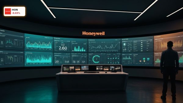 Honeywell Earnings: Automated building control room displaying smart energy diagnostics on glowing screens.