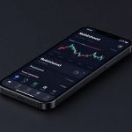Robinhood IPO Underwriting concept with trading app smartphone on dark premium background