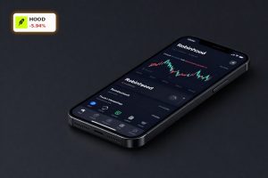 Robinhood IPO Underwriting concept with trading app smartphone on dark premium background