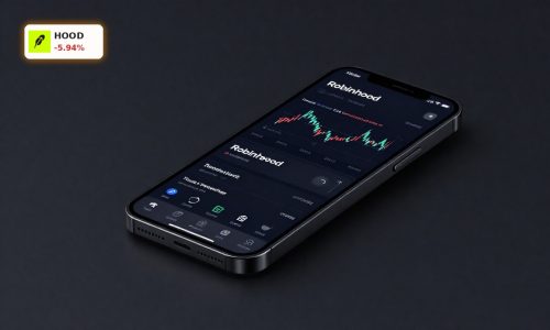 Robinhood IPO Underwriting concept with trading app smartphone on dark premium background