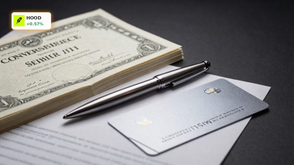 Robinhood Convertible Notes with bond documents and brokerage card symbolizing the $2 billion financing plan