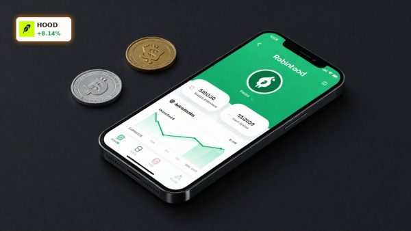Robinhood Crypto Expansion shown as a premium smartphone with tokenized investing and stablecoin trading concept