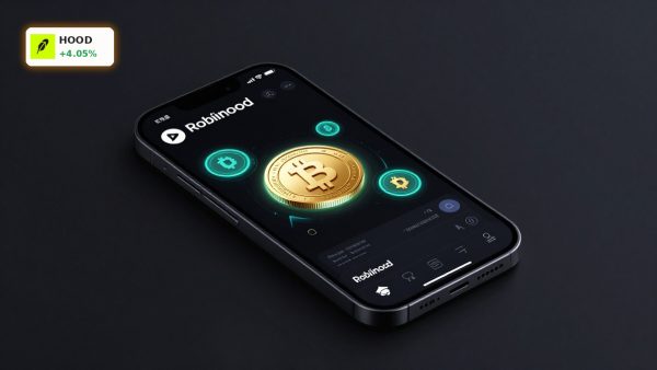 Robinhood Crypto Expansion shown as a premium smartphone trading product with digital crypto elements on dark background