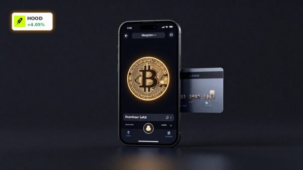 Robinhood Crypto Expansion concept with smartphone, Bitcoin coin, and premium card on dark background