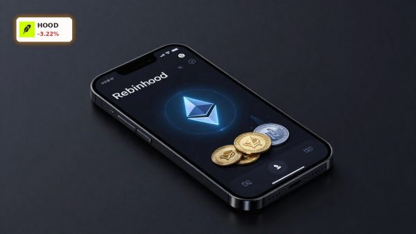 Robinhood Blockchain wallet app with tokenized stock and crypto trading elements on a dark premium background