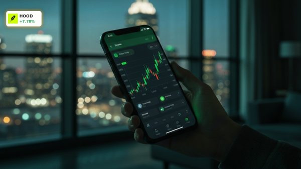 A smartphone displaying a rising stock chart on a trading app, representing the positive Robinhood Forecast.