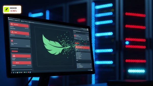 A glitching digital security screen symbolizing the Robinhood CEO Hacking event and subsequent stock sell-off.
