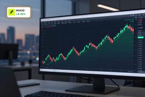 Candlestick chart rebound symbolizing Robinhood Trump Accounts surge and HOOD stock volatility