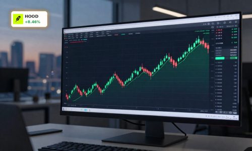 Candlestick chart rebound symbolizing Robinhood Trump Accounts surge and HOOD stock volatility