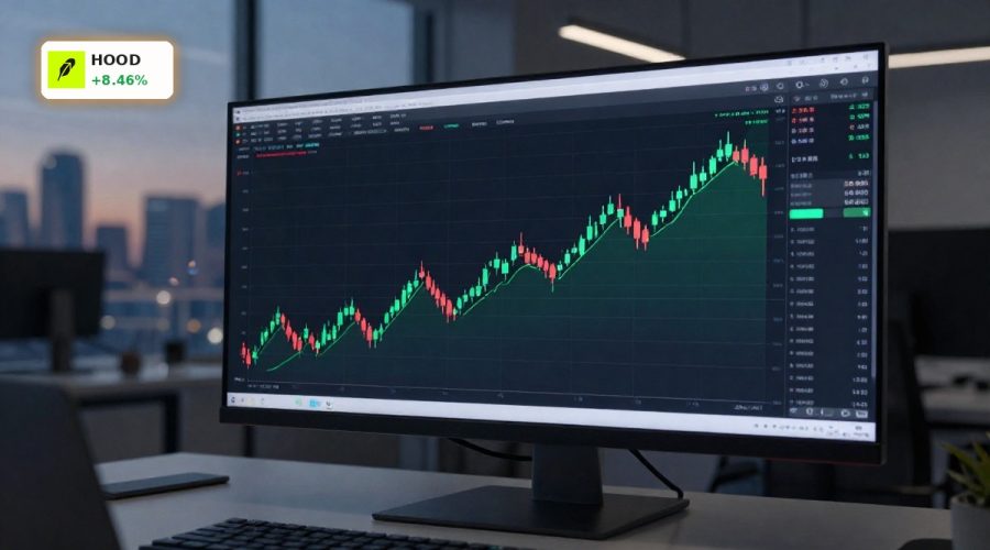 Candlestick chart rebound symbolizing Robinhood Trump Accounts surge and HOOD stock volatility