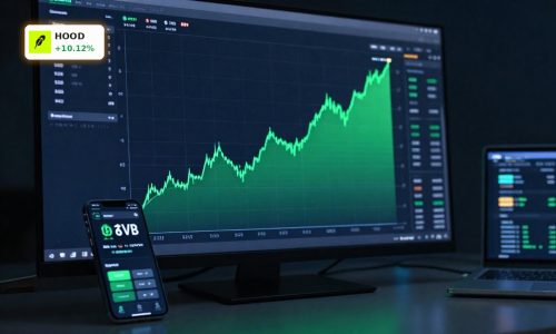 Robinhood Forecast rally visualized with a rising stock chart and crypto market rebound theme.