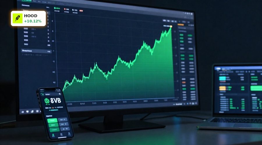 Robinhood Forecast rally visualized with a rising stock chart and crypto market rebound theme.