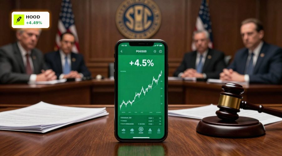 SEC hearing room scene symbolizing Robinhood Regulation shift and HOOD rally