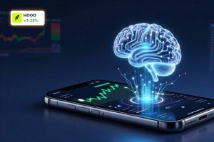 Robinhood OpenAI Investment concept with trading app and AI data streams symbolizing $75M stake