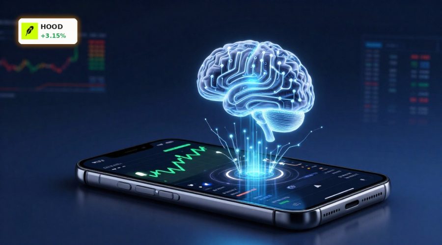 Robinhood OpenAI Investment concept with trading app and AI data streams symbolizing $75M stake