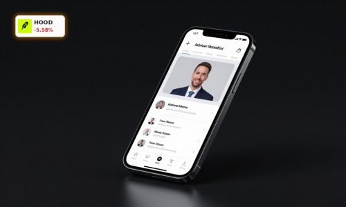 Robinhood Advisor Network app concept on smartphone with wealth management interface in premium dark product scene