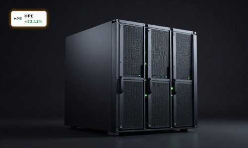 Hewlett Packard Enterprise Earnings highlighted by premium AI server rack hardware in a dark studio setting