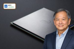 Intel Google Deal highlighted by AI chip wafer and advanced semiconductor packaging in a premium dark studio scene