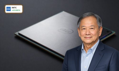 Intel Google Deal highlighted by AI chip wafer and advanced semiconductor packaging in a premium dark studio scene