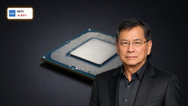 Intel Forecast highlights AI server CPU demand with premium close-up of a data center processor on dark background