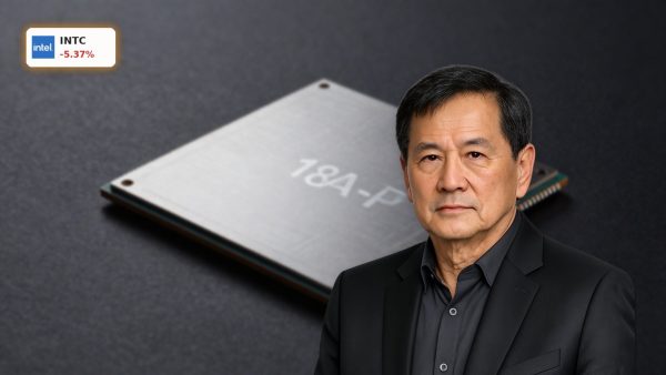 Intel 18A-P Production shown as advanced semiconductor wafer and chip in dramatic product-focused lighting