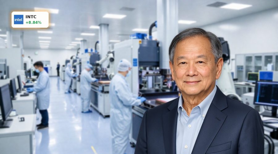 High-tech semiconductor cleanroom symbolizing Intel Fab 34 buyback and AI chip manufacturing expansion