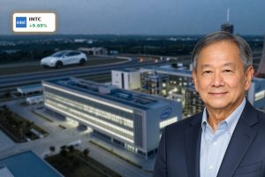 Intel Terafab mega-fab concept with AI chip campus linked to Tesla and SpaceX, highlighting INTC surge hopes