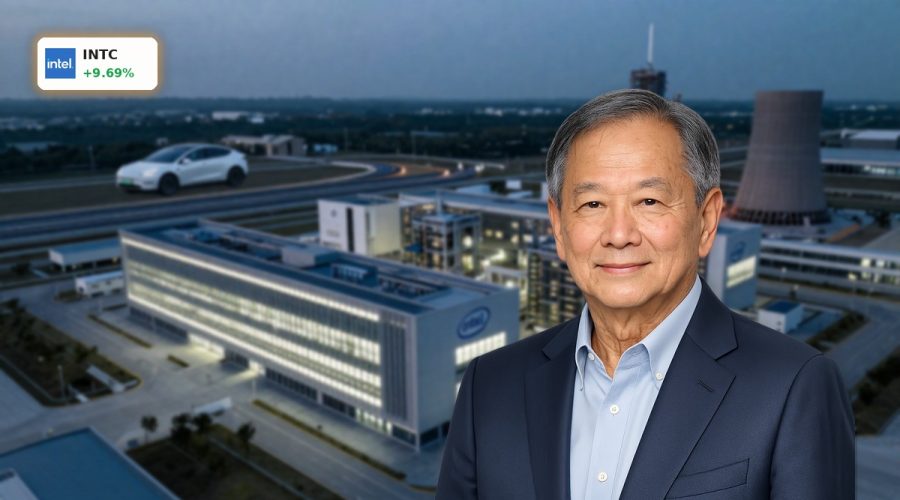 Intel Terafab mega-fab concept with AI chip campus linked to Tesla and SpaceX, highlighting INTC surge hopes