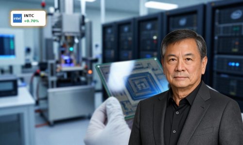 Intel AI Strategy highlighted by advanced chip wafer and data-center style semiconductor cleanroom.