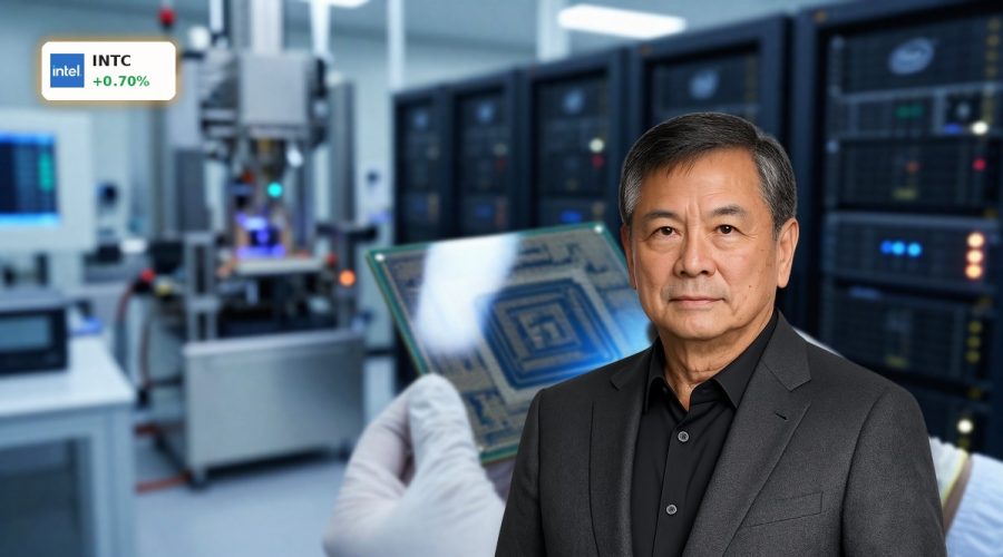 Intel AI Strategy highlighted by advanced chip wafer and data-center style semiconductor cleanroom.