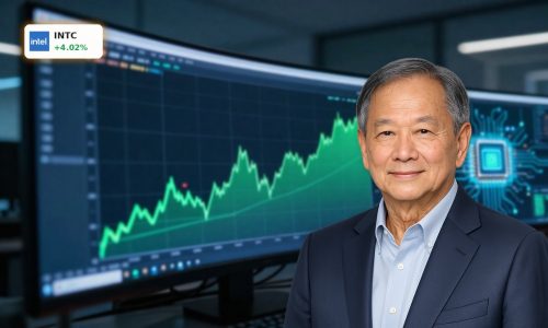 Upward stock chart on trading screens symbolizing Intel Strategy rally on AI optimism